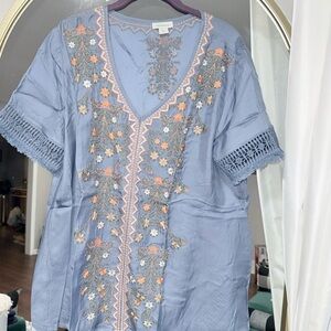 Sundance Light Blue Blouse with Floral Embroidery